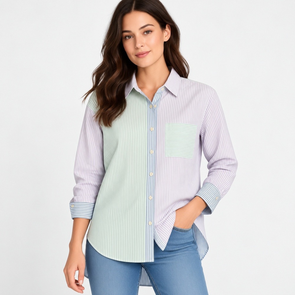 Time and Tru Button Down Shirt Womens S‎ 4-6 Multi Colorblock Striped High Low